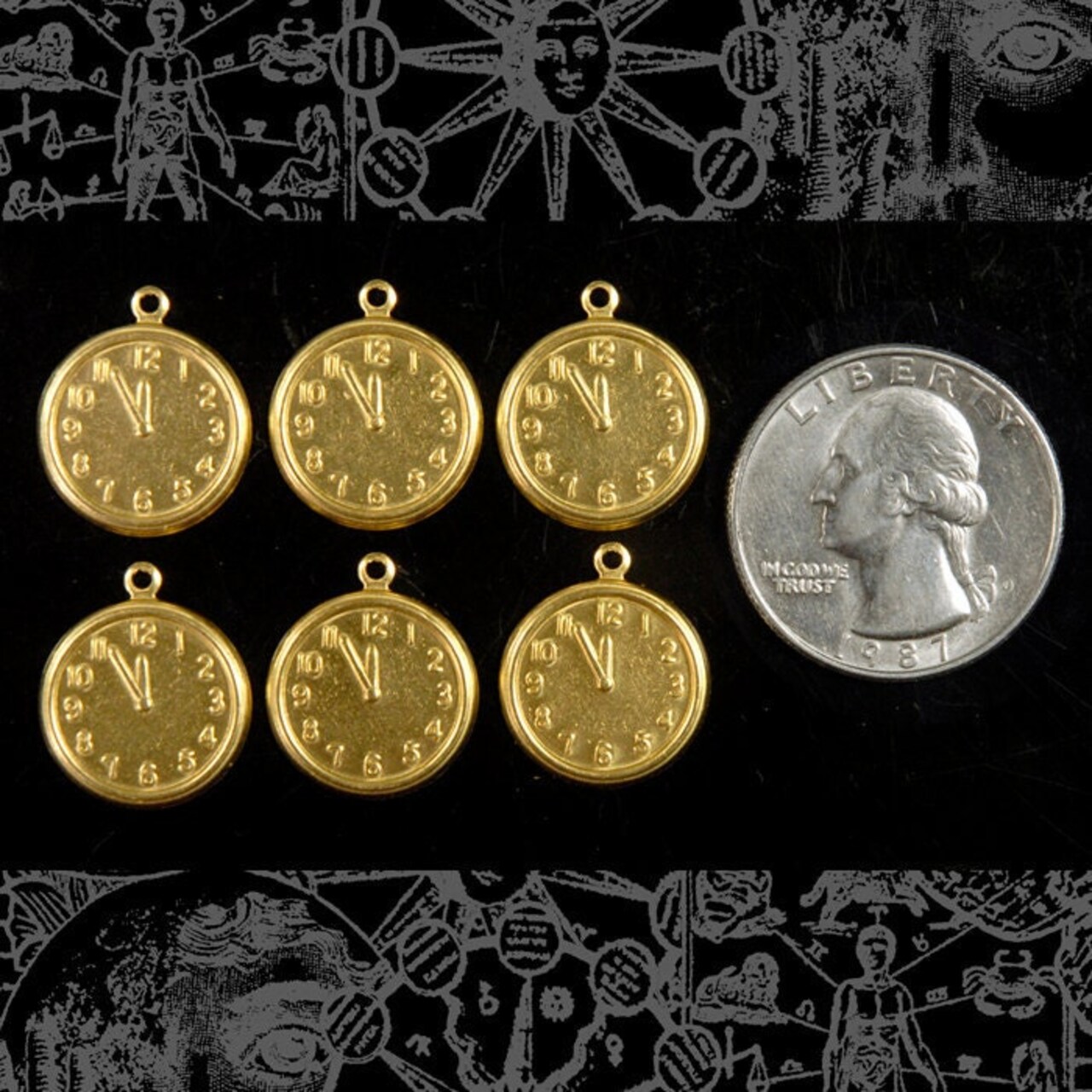 Raw Brass Clock or Mini-Pocket Watch Charms - Set of Twelve - B-C53